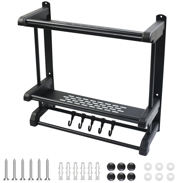 Suport din otel inoxidabil pentru dus, negru, 2 nivele, bara si carlige, 40x15x38cm [3]
