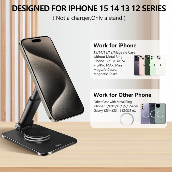 Suport magnetic pentru telefon mobil pentru MagSafe, pliabil, Rotire 360 ​​cu inele metalice, Compatibil cu iPhone 15 14 13 12 Pro Max și husă de 110 mm [3]
