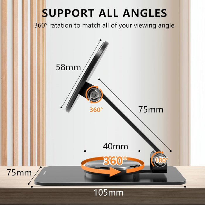 Suport magnetic pentru telefon mobil pentru MagSafe, pliabil, Rotire 360 ​​cu inele metalice, Compatibil cu iPhone 15 14 13 12 Pro Max și husă de 75 mm [7]