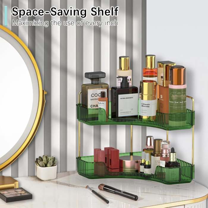 Suport pentru organizare produse cosmetice verde pe colt pe 2 nivele [5]