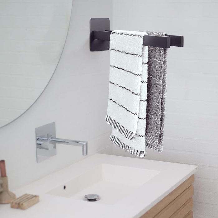 Suport negru de prosoape pentru baie, fara gaurire, 2 bare 40 cm [2]