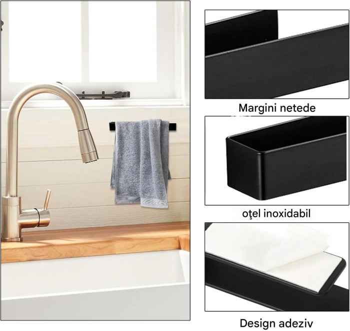 Suporti pentru baie, negri, set bara de prosop si 2 agatatori din otel inoxidabil [5]