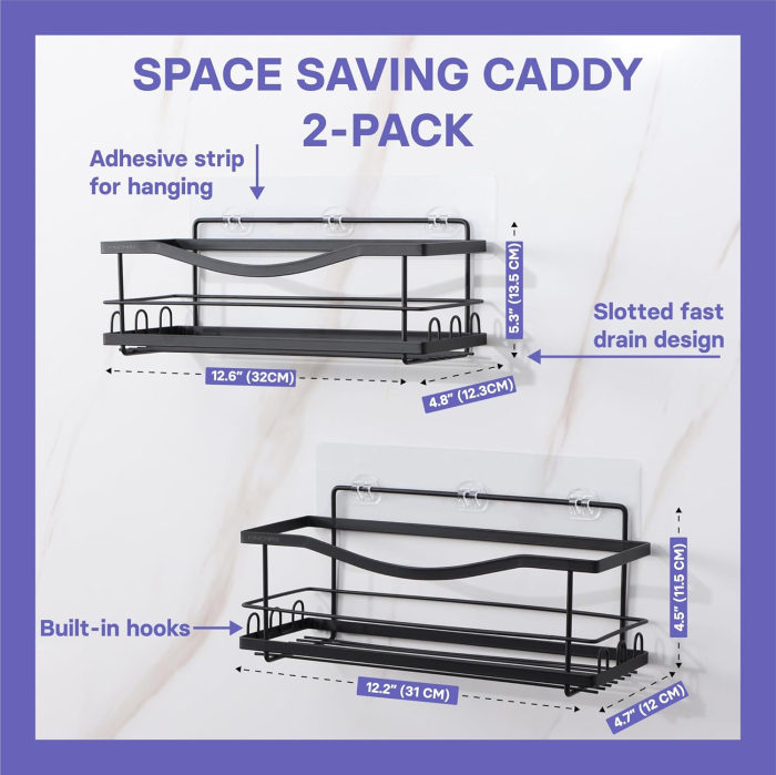 Suporti pentru dus, negri, fara gaurire, set 2 bucati, capacitate mare, incarcare 9 kg [6]