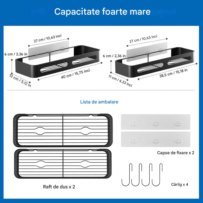 Suporti pentru dus, negri, fara gaurire, set 2 bucati, capacitate mare [3]