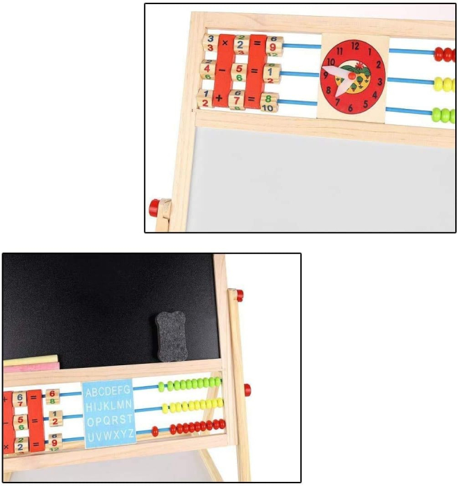Tablă magnetică educativa cu 2 fete, ceas, abac și spațiu de depozitare pe suport din lemn [3]