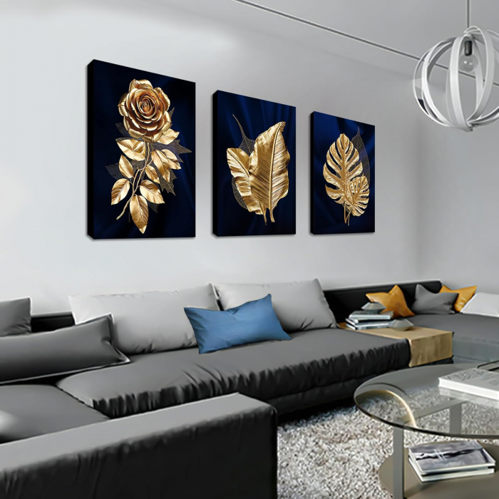 Tablou pe panza din 3 bucati, Frunze de aur, 150x70cm [4]