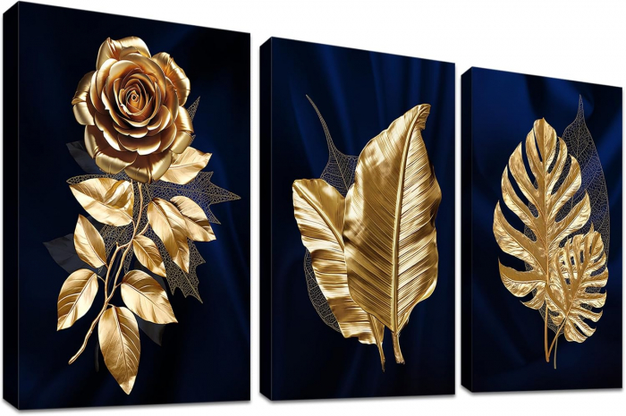 Tablou pe panza din 3 bucati, Frunze de aur, 150x70cm [1]