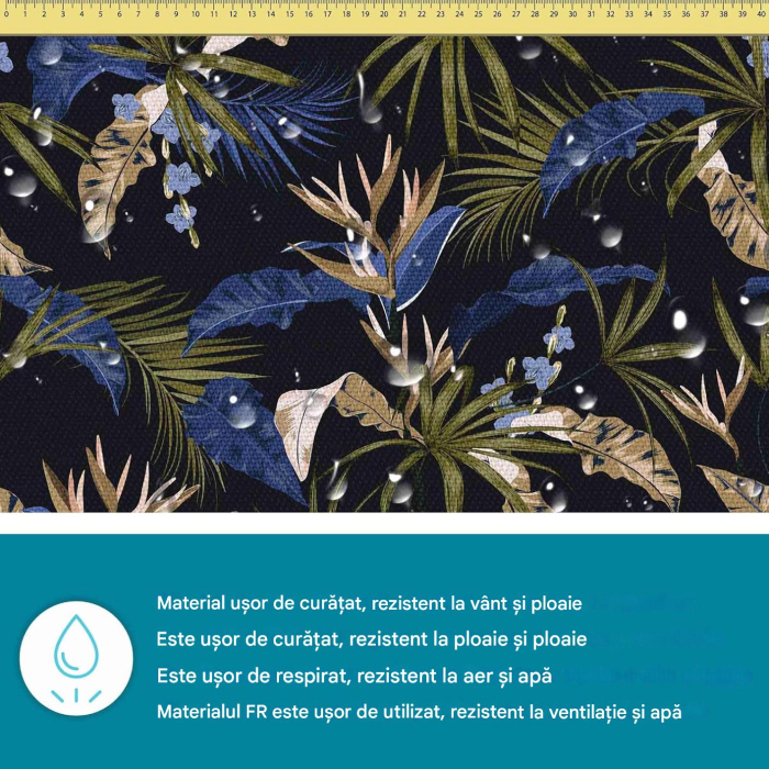 Tesatura impermeabila, material pentru tapiterie de exterior, 160x100 cm, pretabil fata de masa gradina, Exotic Blue Leaves [2]