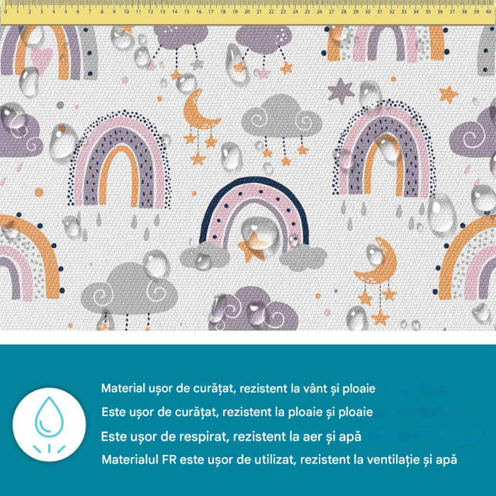 Tesatura impermeabila, material pentru tapiterie de exterior, 160x100 cm, pretabil fata de masa gradina, Rainbow and Moon Doodle [2]