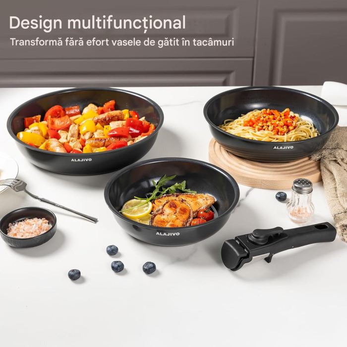 Set 3 tigăi cu mâner detașabil 20/24/28cm ceramică antiaderentă Inducție & cuptor [9]