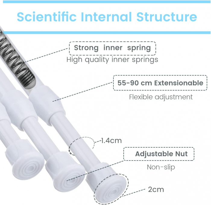 Tija extesibila pentru perdele fara gaurire, 3 segmente, alba, 55-90cm, 14mm [3]
