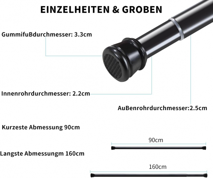 Tija telescopica din otel, neagra, 90-160 cm, fara gaurire [3]