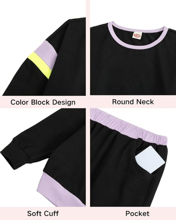 Trening negru Fete 2 Piese Color Block, Bluză cu Mâneci Lungi și Pantaloni, 8-9 ani [5]