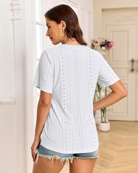 Tricou alb Damă Oversized, Decolteu în V, Broderie Eyelet, Material Respirabil, 2XL (50-52) [4]