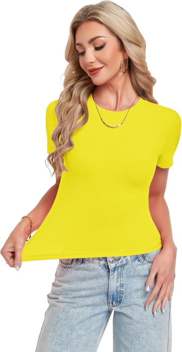 Tricou galben Damă Slim Fit, 95% Rayon, 5% Spandex, Guler Rotund, Mâneci Scurte, 2XL [4]