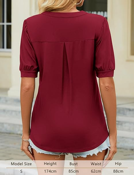 Tricou visiniu de vară pentru femei, guler scurt in V, maneci evazate, XL [5]