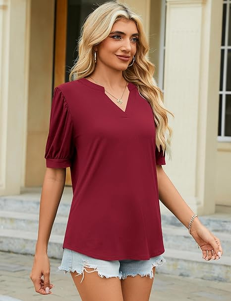 Tricou visiniu de vară pentru femei, guler scurt in V, maneci evazate, XL [4]