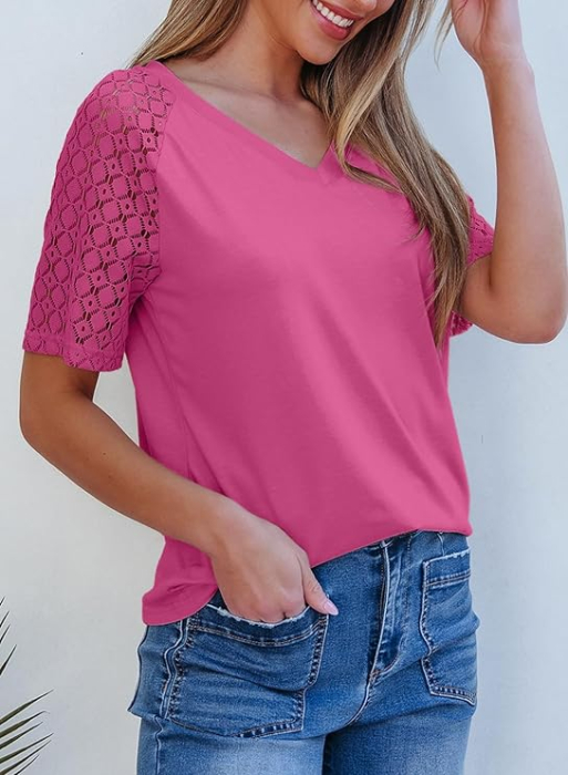 Tricou roz de vară pentru femei, maneci dantelate, decolteu in V, XL [2]