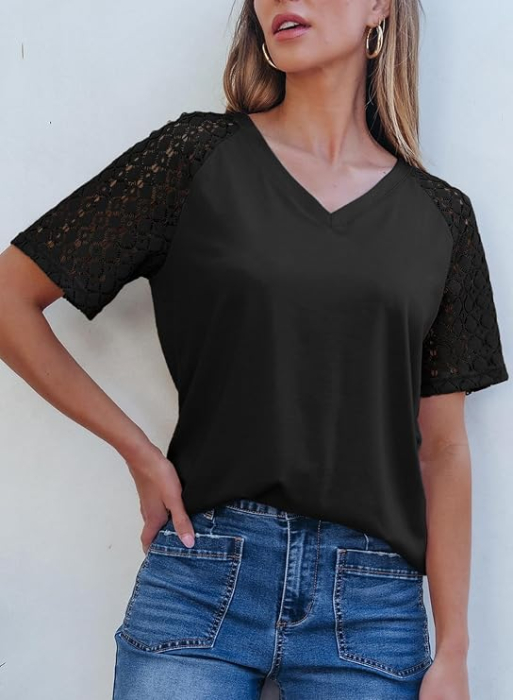 Tricou negru de vară pentru femei, maneci dantelate, decolteu in V, M [4]