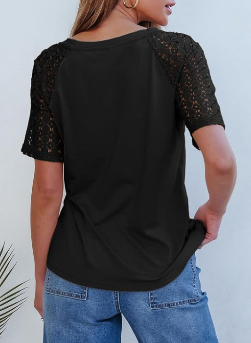 Tricou negru de vară pentru femei, maneci dantelate, decolteu in V, M [3]
