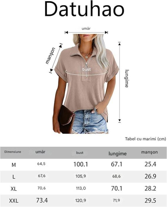 Tricou larg de vară pentru femei,  fermoar 1/4, crem 2XL [6]