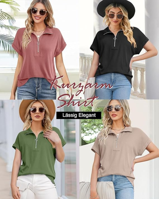 Tricou larg de vară pentru femei,  fermoar 1/4, crem 2XL [5]