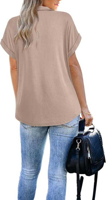 Tricou larg de vară pentru femei,  fermoar 1/4, crem 2XL [4]