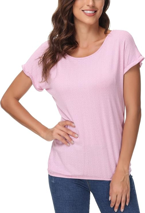 Tricou de vară pentru femei, imprimeu minimalist integral, elastic, simplu  Roz S [2]