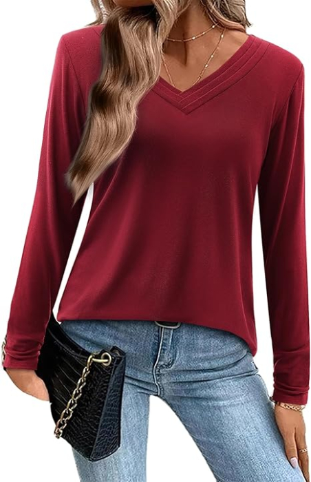 Tricou de vară pentru femei, cu maneca lunga, decolteu V  Rosu 2XL [1]