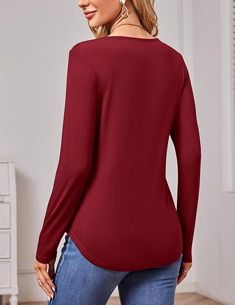 Tricou de vară pentru femei, cu maneca lunga, decolteu V  Rosu L [4]