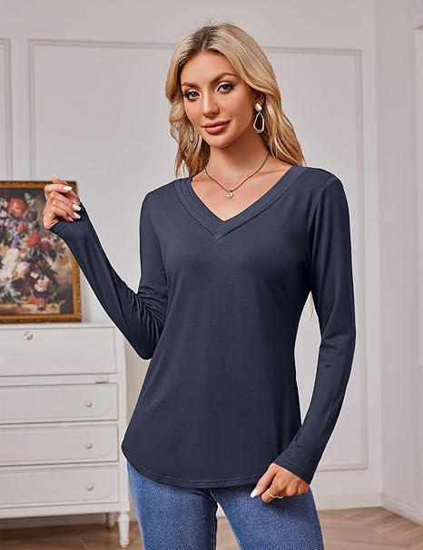 Tricou de vară pentru femei, cu maneca lunga, decolteu V  Albastru L [2]