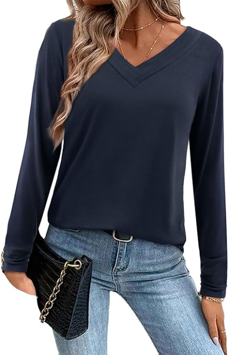 Tricou de vară pentru femei, cu maneca lunga, decolteu V  Albastru XL [1]