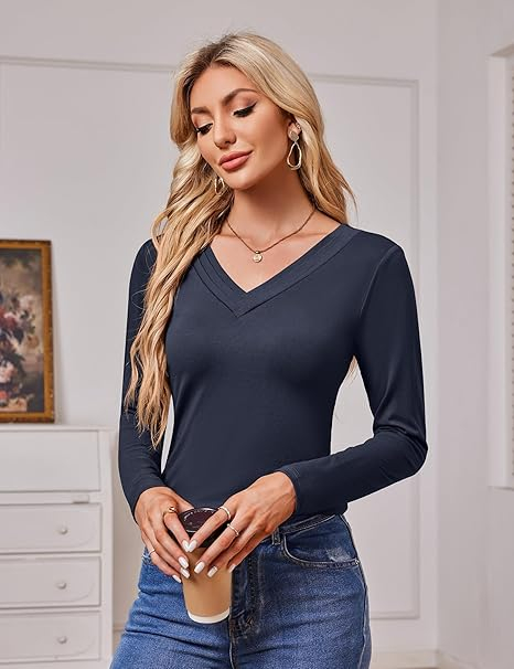 Tricou de vară pentru femei, cu maneca lunga, decolteu V  Albastru L [3]