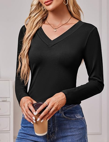 Tricou de vară pentru femei, cu maneca lunga, decolteu V  Negru M [2]