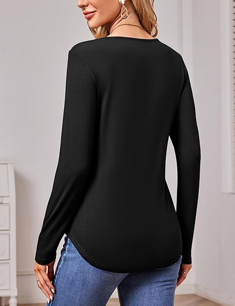 Tricou de vară pentru femei, cu maneca lunga, decolteu V  Negru M [4]