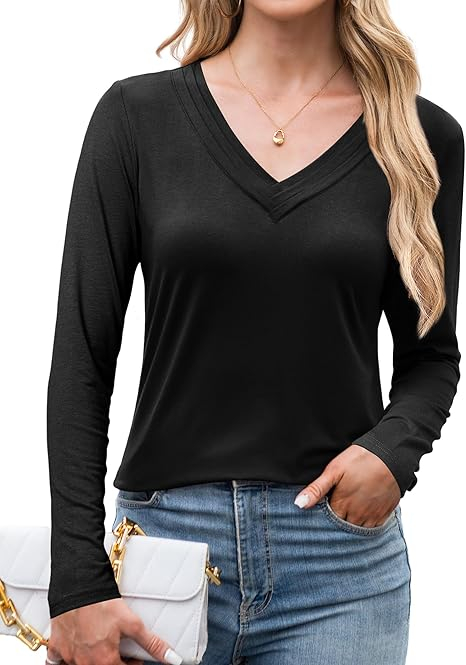 Tricou de vară pentru femei, cu maneca lunga, decolteu V  Negru M [7]