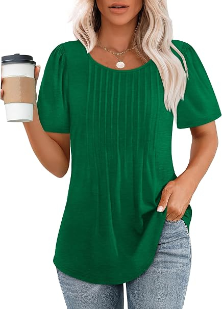 Tricou verde de damă elegant, decolteu rotund, mâneci bufante și pliuri frontale, L [2]