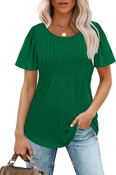 Tricou verde de damă elegant, decolteu rotund, mâneci bufante și pliuri frontale, L [3]