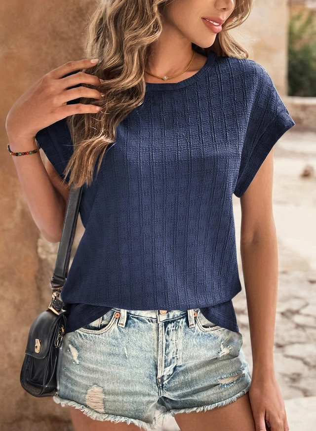 Tricou de vară pentru femei, imprimeu minimalist integral, simplu  Albastru M [2]