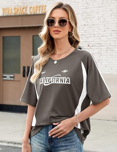 Tricou de vară pentru femei, imprimeu, larg, simplu  Gri 2XL [3]