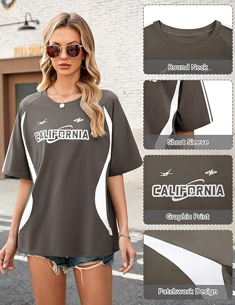 Tricou de vară pentru femei, imprimeu, larg, simplu  Gri 2XL [4]