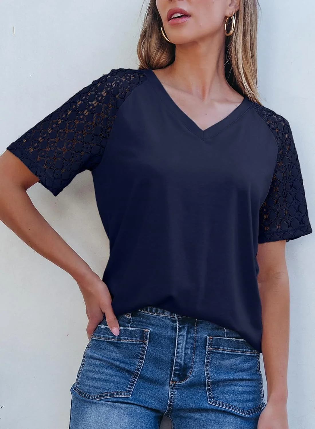 Tricou albastru de vară pentru femei, maneci dantelate, decolteu in V, XL [4]