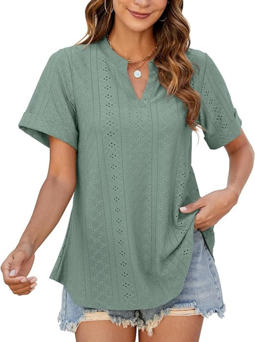 Tricou de vară pentru femei, imprimeu minimalist integral, simplu  verde XL [1]