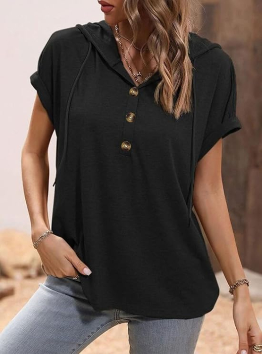 Tricou larg de vară pentru femei,  cu gluga si nasturi, negru S [7]