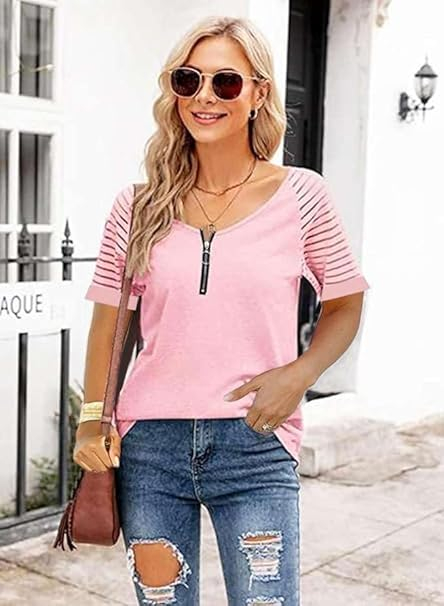 Tricou de vară pentru femei, roz cu fermoar XL [3]