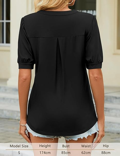 Tricou larg de vară pentru femei, guler scurt in V, maneci evazate, negru S [5]