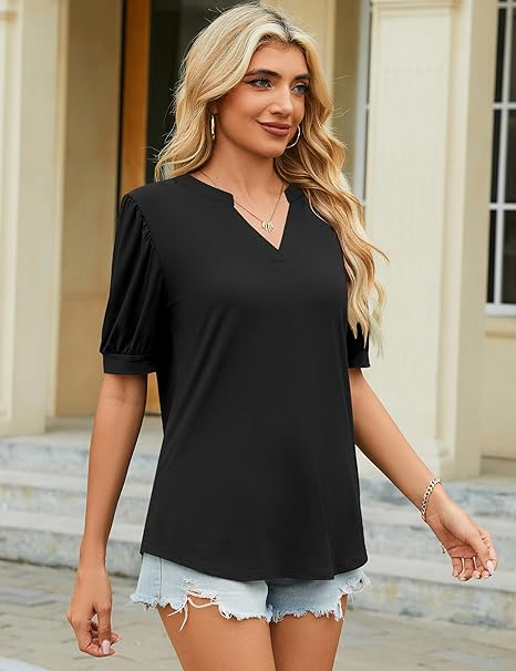 Tricou larg de vară pentru femei, guler scurt in V, maneci evazate, negru S [4]