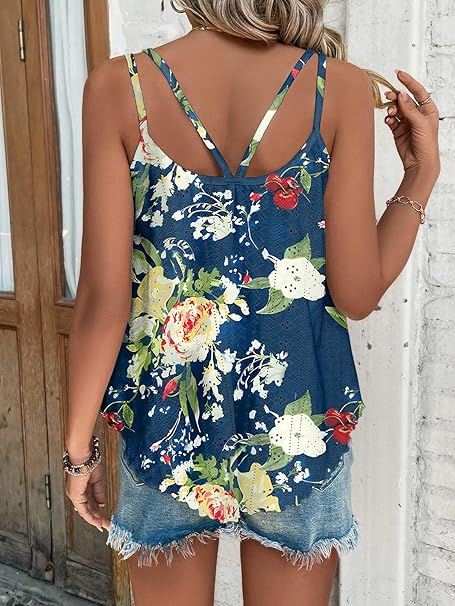 Tricou lejer fara maneci, de vară, pentru femei,  albastru floral S [2]