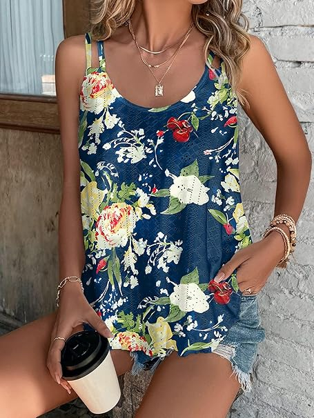 Tricou lejer fara maneci, de vară, pentru femei,  albastru floral S [3]