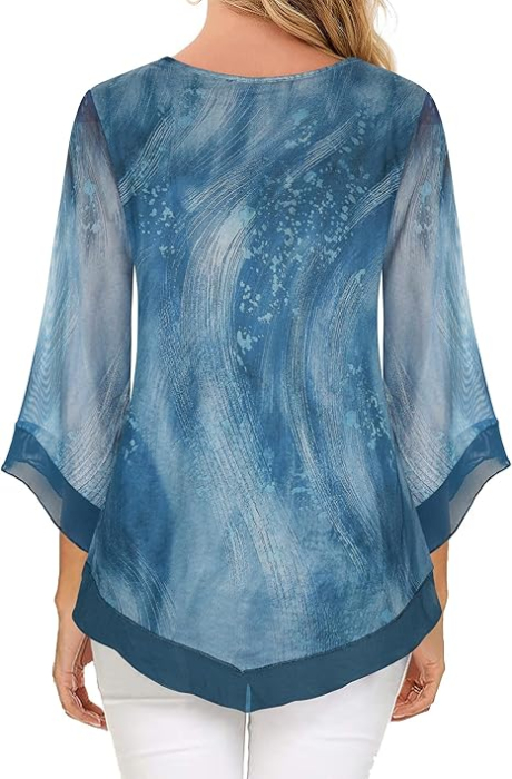 Tricou larg de vară pentru femei, 2 straturi, maneci 3/4, albastru 2XL [4]